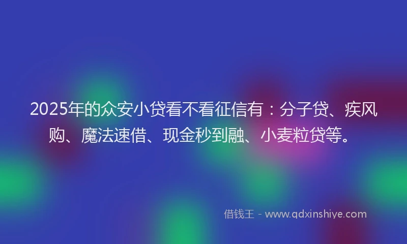 2025年的众安小贷看不看征信有：分子贷、疾风购、魔法速借、现金秒到融、小麦粒贷等。