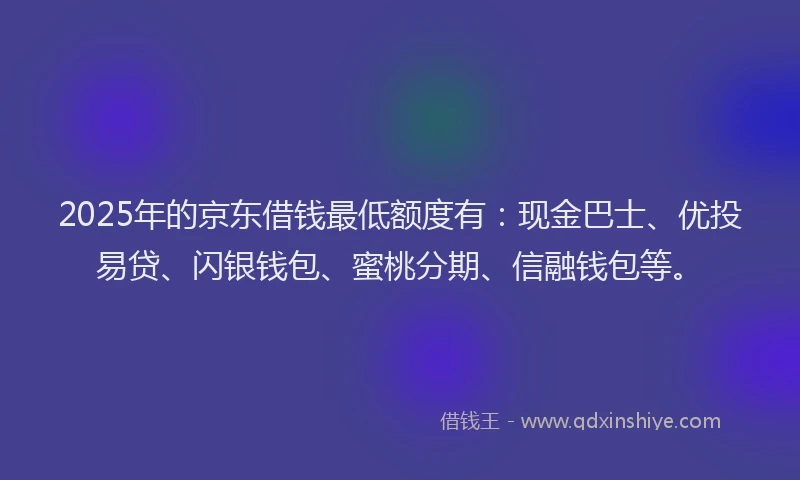 2025年的京东借钱最低额度有:现金巴士、优投易贷、闪银钱包、蜜桃分期、信融钱包等。