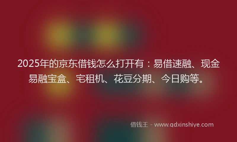 2025年的京东借钱怎么打开有：易借速融、现金易融宝盒、宅租机、花豆分期、今日购等。