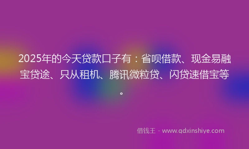 2025年的今天贷款口子有:省呗借款、现金易融宝贷途、只从租机、腾讯微粒贷、闪贷速借宝等。