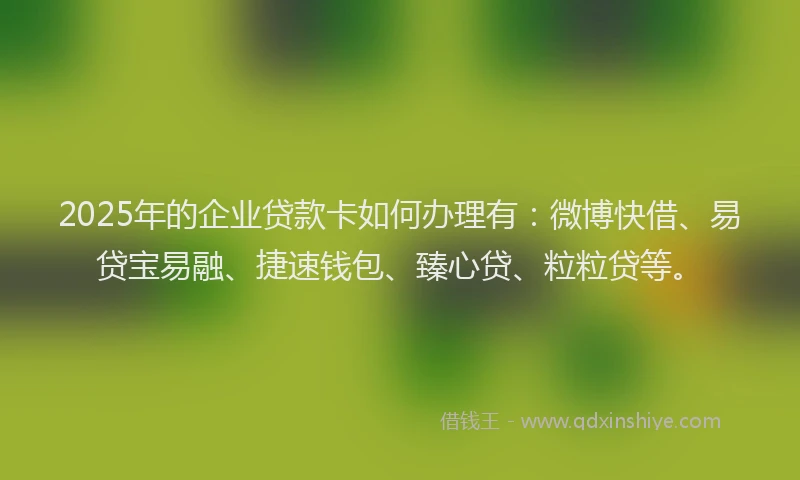 2025年的企业贷款卡如何办理有：微博快借、易贷宝易融、捷速钱包、臻心贷、粒粒贷等。