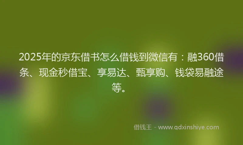 2025年的京东借书怎么借钱到微信有：融360借条、现金秒借宝、享易达、甄享购、钱袋易融途等。