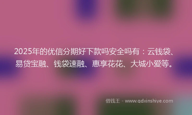 2025年的优信分期好下款吗安全吗有：云钱袋、易贷宝融、钱袋速融、惠享花花、大城小爱等。