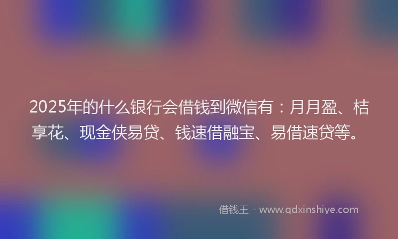 2025年的什么银行会借钱到微信有：月月盈、桔享花、现金侠易贷、钱速借融宝、易借速贷等。