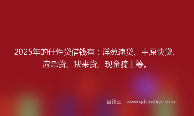2025年的任性贷借钱有：洋葱速贷、中原快贷、应急贷、我来贷、现金骑士等。
