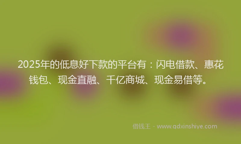2025年的低息好下款的平台有：闪电借款、惠花钱包、现金直融、千亿商城、现金易借等。