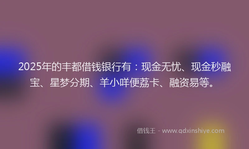 2025年的丰都借钱银行有：现金无忧、现金秒融宝、星梦分期、羊小咩便荔卡、融资易等。
