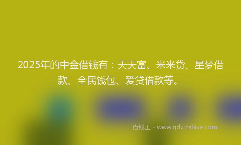2025年的中金借钱有：天天富、米米贷、星梦借款、全民钱包、爱贷借款等。