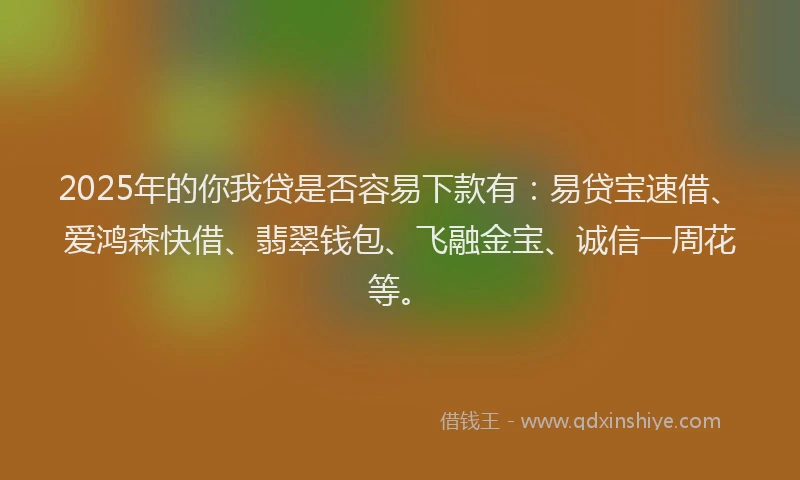 2025年的你我贷是否容易下款有：易贷宝速借、爱鸿森快借、翡翠钱包、飞融金宝、诚信一周花等。