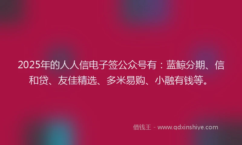 2025年的人人信电子签公众号有：蓝鲸分期、信和贷、友佳精选、多米易购、小融有钱等。