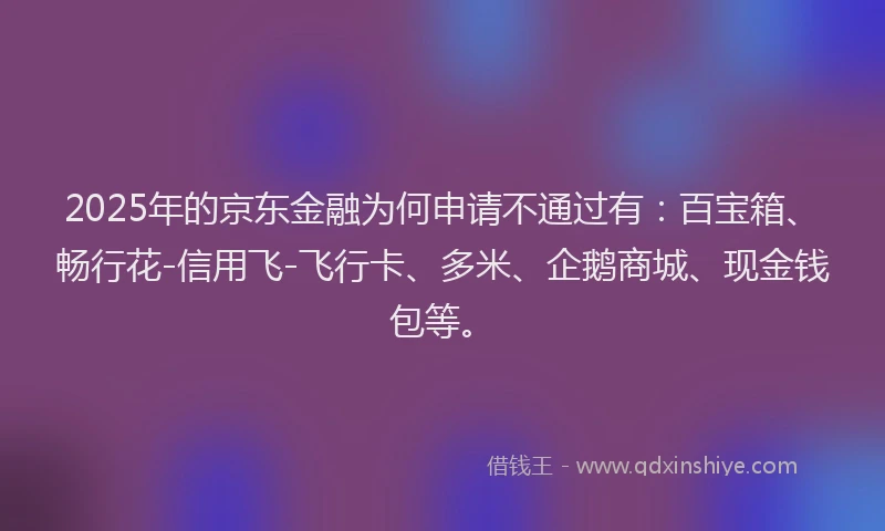 2025年的京东金融为何申请不通过有：百宝箱、畅行花-信用飞-飞行卡、多米、企鹅商城、现金钱包等。