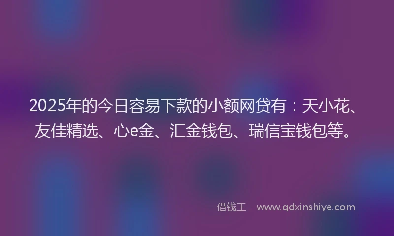 2025年的今日容易下款的小额网贷有：天小花、友佳精选、心e金、汇金钱包、瑞信宝钱包等。