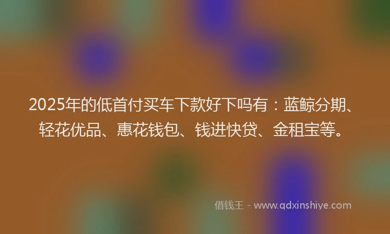 2025年的低首付买车下款好下吗有：蓝鲸分期、轻花优品、惠花钱包、钱进快贷、金租宝等。