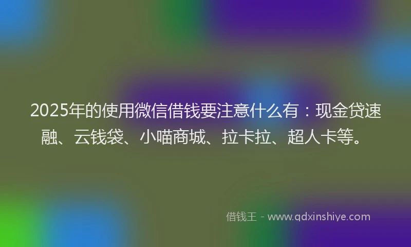 2025年的使用微信借钱要注意什么有：现金贷速融、云钱袋、小喵商城、拉卡拉、超人卡等。