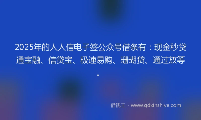 2025年的人人信电子签公众号借条有：现金秒贷通宝融、信贷宝、极速易购、珊瑚贷、通过放等。
