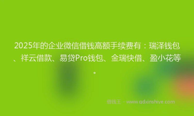 2025年的企业微信借钱高额手续费有：瑞泽钱包、祥云借款、易贷Pro钱包、金瑞快借、盈小花等。