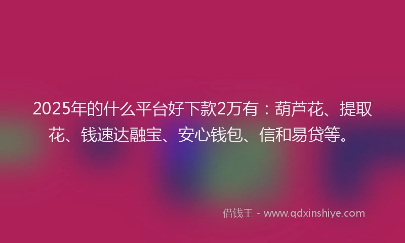 2025年的什么平台好下款2万有：葫芦花、提取花、钱速达融宝、安心钱包、信和易贷等。