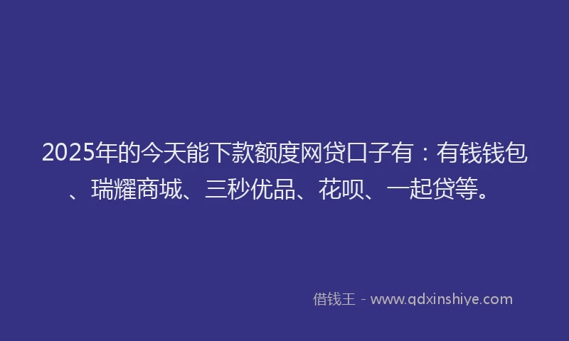 2025年的今天能下款额度网贷口子有：有钱钱包、瑞耀商城、三秒优品、花呗、一起贷等。