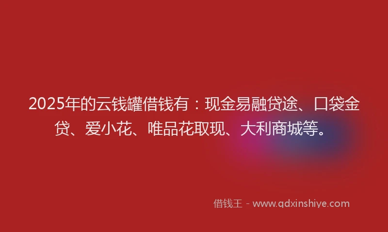 2025年的云钱罐借钱有:现金易融贷途、口袋金贷、爱小花、唯品花取现、大利商城等。