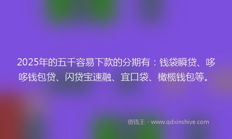 2025年的五千容易下款的分期有：钱袋瞬贷、哆哆钱包贷、闪贷宝速融、宜口袋、橄榄钱包等。