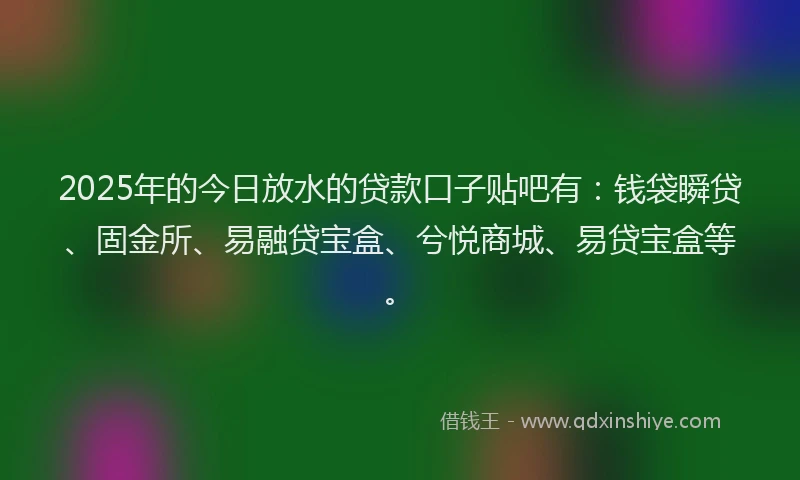 2025年的今日放水的贷款口子贴吧有：钱袋瞬贷、固金所、易融贷宝盒、兮悦商城、易贷宝盒等。