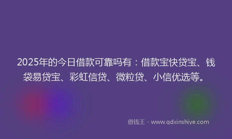 2025年的今日借款可靠吗有：借款宝快贷宝、钱袋易贷宝、彩虹信贷、微粒贷、小信优选等。