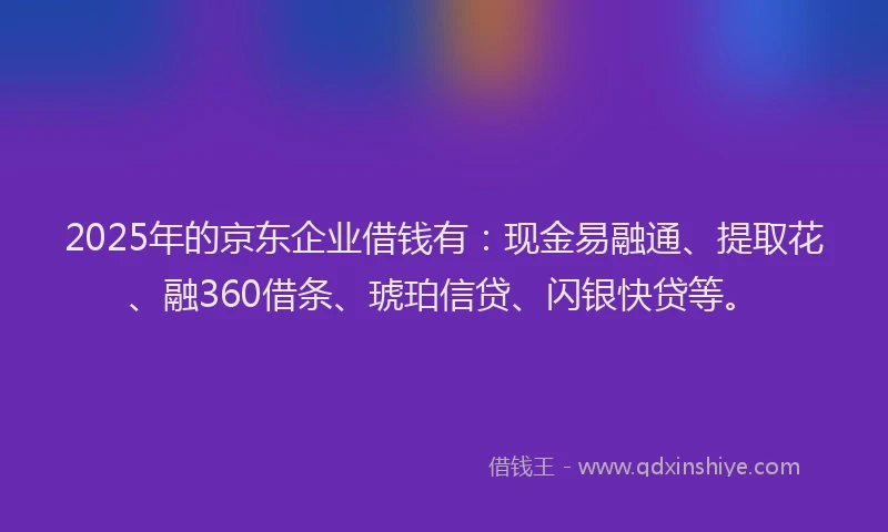 2025年的京东企业借钱有：现金易融通、提取花、融360借条、琥珀信贷、闪银快贷等。