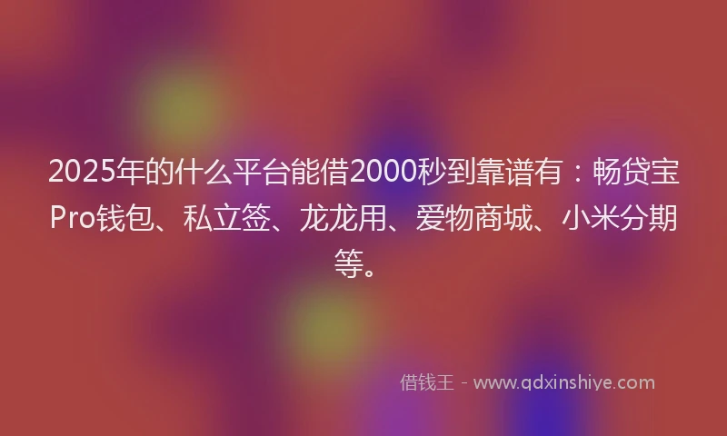2025年的什么平台能借2000秒到靠谱有：畅贷宝Pro钱包、私立签、龙龙用、爱物商城、小米分期等。