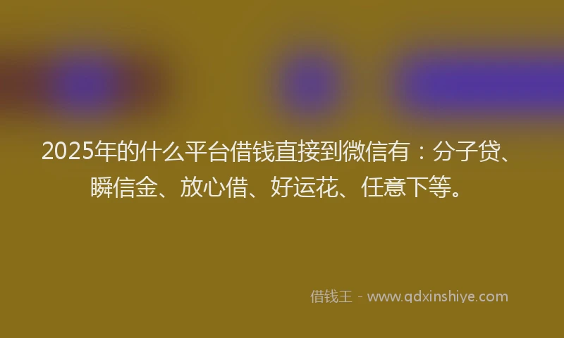 2025年的什么平台借钱直接到微信有:分子贷、瞬信金、放心借、好运花、任意下等。