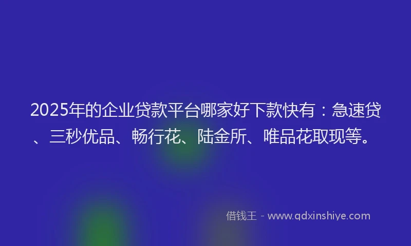 2025年的企业贷款平台哪家好下款快有：急速贷、三秒优品、畅行花、陆金所、唯品花取现等。