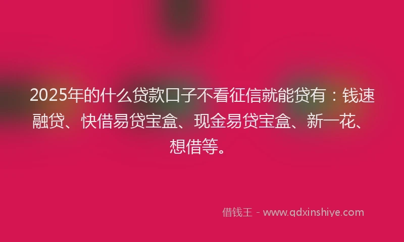 2025年的什么贷款口子不看征信就能贷有：钱速融贷、快借易贷宝盒、现金易贷宝盒、新一花、想借等。