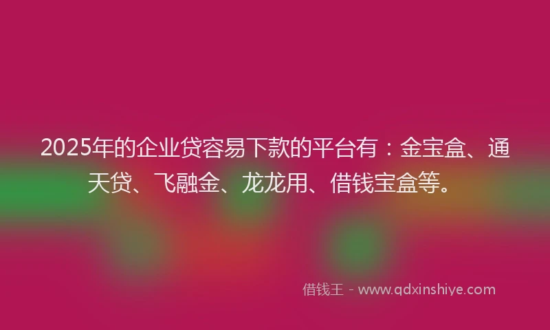2025年的企业贷容易下款的平台有：金宝盒、通天贷、飞融金、龙龙用、借钱宝盒等。