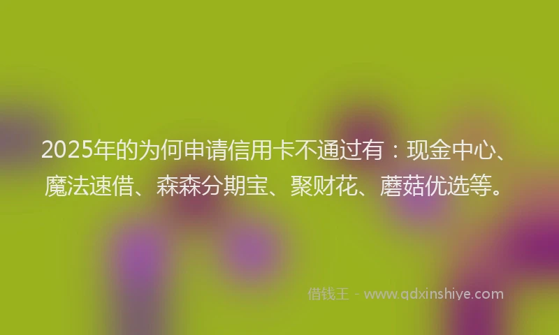 2025年的为何申请信用卡不通过有：现金中心、魔法速借、森森分期宝、聚财花、蘑菇优选等。