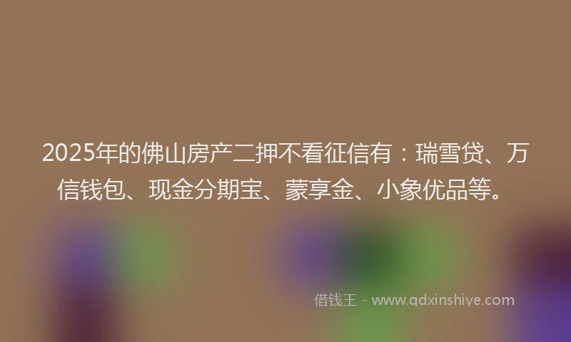 2025年的佛山房产二押不看征信有：瑞雪贷、万信钱包、现金分期宝、蒙享金、小象优品等。