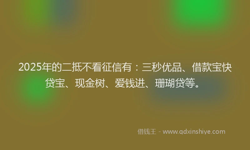 2025年的二抵不看征信有：三秒优品、借款宝快贷宝、现金树、爱钱进、珊瑚贷等。