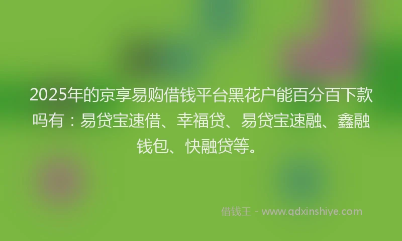 2025年的京享易购借钱平台黑花户能百分百下款吗有：易贷宝速借、幸福贷、易贷宝速融、鑫融钱包、快融贷等。