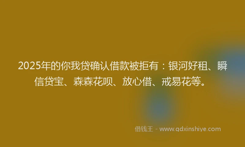 2025年的你我贷确认借款被拒有：银河好租、瞬信贷宝、森森花呗、放心借、戒易花等。