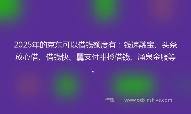 2025年的京东可以借钱额度有：钱速融宝、头条放心借、借钱快、翼支付甜橙借钱、涌泉金服等。
