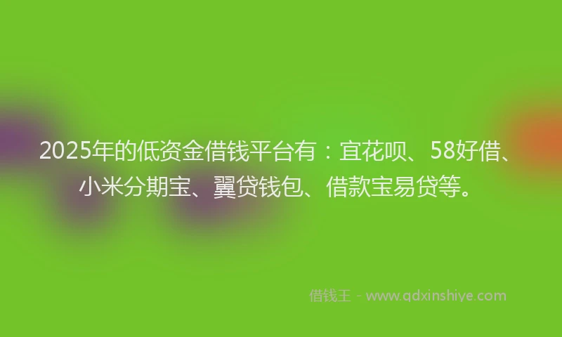 2025年的低资金借钱平台有：宜花呗、58好借、小米分期宝、翼贷钱包、借款宝易贷等。