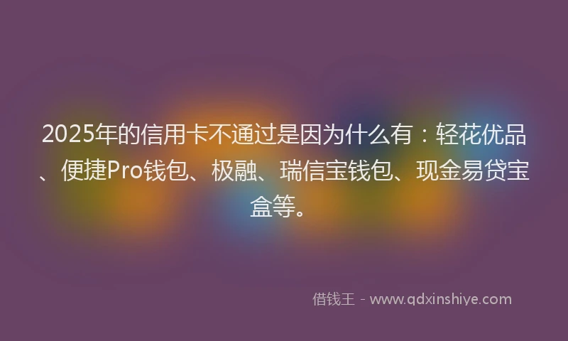 2025年的信用卡不通过是因为什么有：轻花优品、便捷Pro钱包、极融、瑞信宝钱包、现金易贷宝盒等。