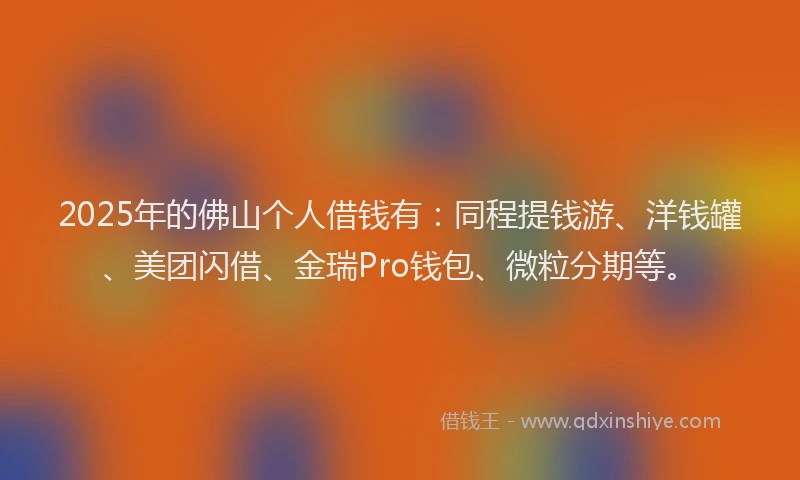 2025年的佛山个人借钱有：同程提钱游、洋钱罐、美团闪借、金瑞Pro钱包、微粒分期等。
