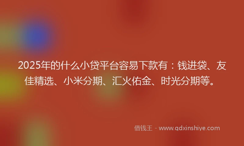 2025年的什么小贷平台容易下款有:钱进袋、友佳精选、小米分期、汇火佑金、时光分期等。