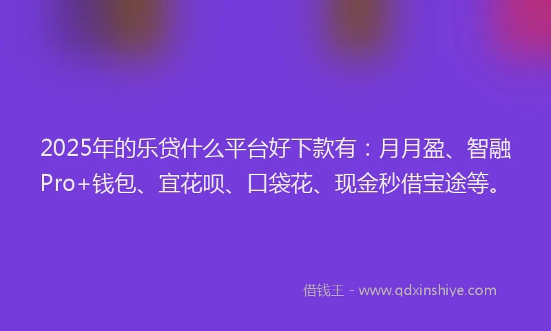 2025年的乐贷什么平台好下款有：月月盈、智融Pro+钱包、宜花呗、口袋花、现金秒借宝途等。