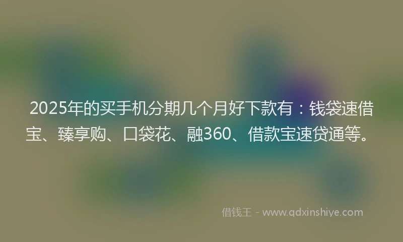 2025年的买手机分期几个月好下款有：钱袋速借宝、臻享购、口袋花、融360、借款宝速贷通等。