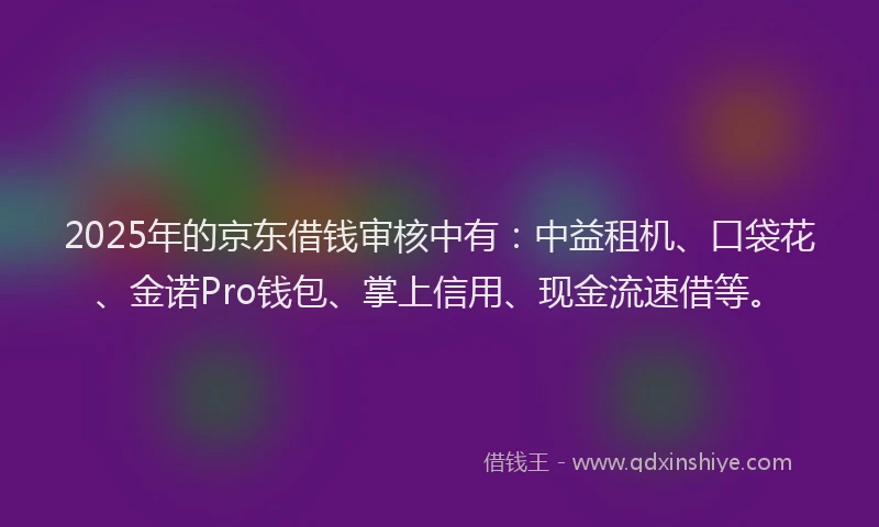 2025年的京东借钱审核中有：中益租机、口袋花、金诺Pro钱包、掌上信用、现金流速借等。