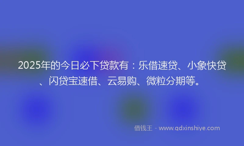 2025年的今日必下贷款有：乐借速贷、小象快贷、闪贷宝速借、云易购、微粒分期等。