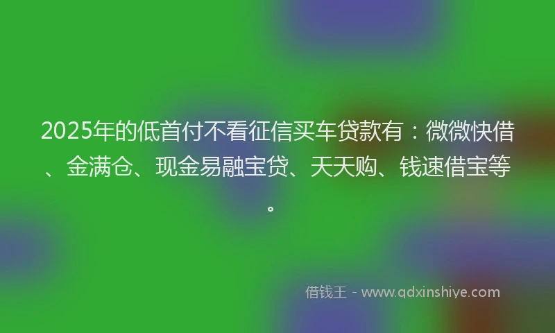 2025年的低首付不看征信买车贷款有：微微快借、金满仓、现金易融宝贷、天天购、钱速借宝等。