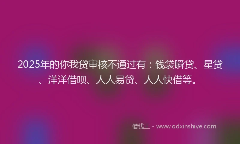 2025年的你我贷审核不通过有：钱袋瞬贷、星贷、洋洋借呗、人人易贷、人人快借等。