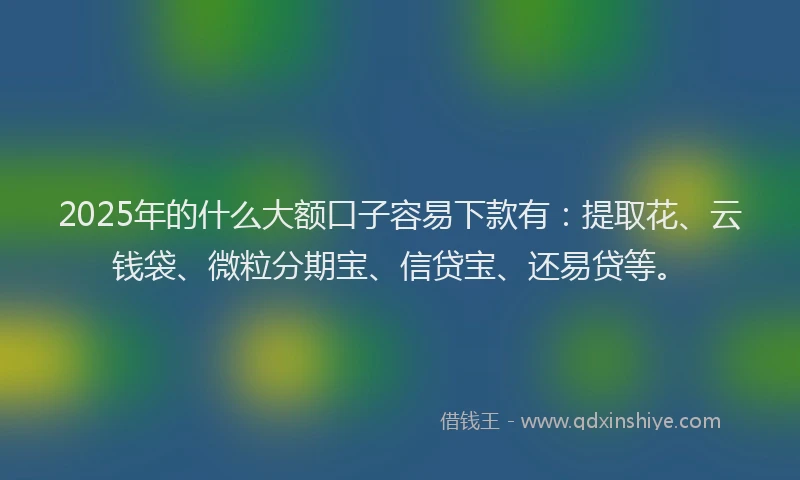2025年的什么大额口子容易下款有:提取花、云钱袋、微粒分期宝、信贷宝、还易贷等。