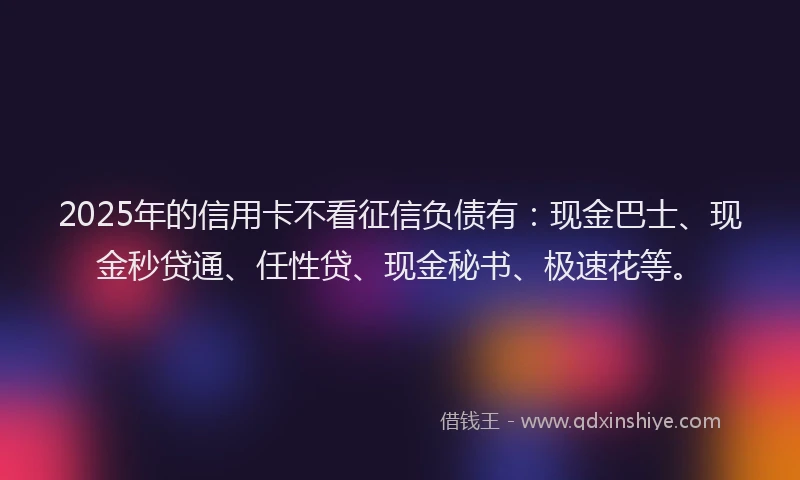 2025年的信用卡不看征信负债有：现金巴士、现金秒贷通、任性贷、现金秘书、极速花等。